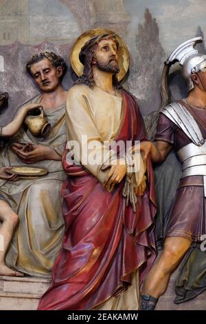 1st Stations of the Cross, Jesus is condemned to death, Basilica of the Sacred Heart of Jesus in Zagreb, Croatia Stock Photo