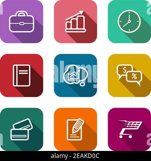 Set of colorful flat business web icons depicting a briefcase, bank card, graph, tablet, clock, sales, dollars, percent, trolley, cart and cloud compu Stock Vector