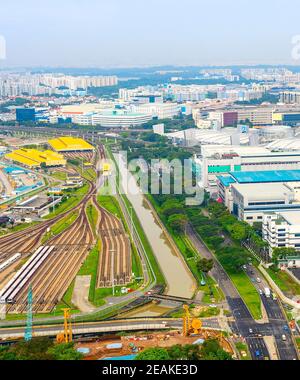 Aerial Singapore, railroad, industrial, road Stock Photo