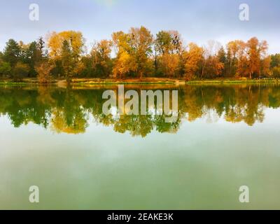 Landscape lake trees fall autumn Stock Photo