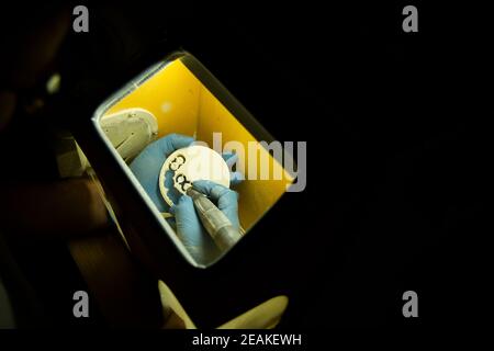 Dental Technician Working On A 3D Printed Mold For Tooth Implants In The Lab Stock Photo