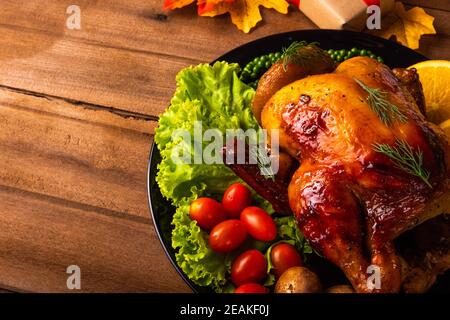 Thanksgiving roast turkey or chicken and vegetables Stock Photo