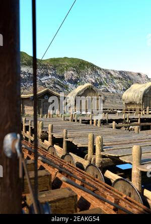 3D Rendering Vikings Village Stock Photo