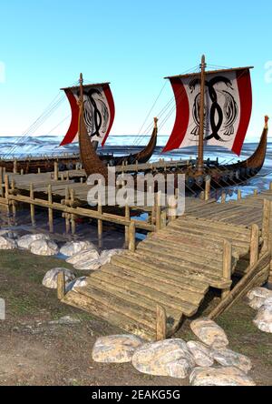 3D Rendering Vikings Boats Stock Photo