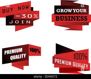 Set of origami business icons or labels depicting premium quality, grow your business and a , discount, in red and black on white Stock Vector