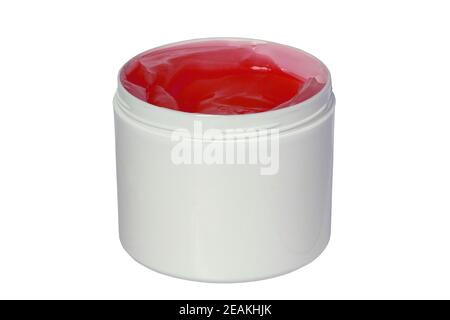 Closeup of a opened white plastic jar or container for cosmetic gel or cream isolated on a white background. Empty space. Macro.