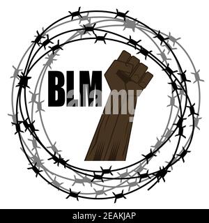 Black Lives Matter Banner with Barbed Wire for Protest Isolated on White Background. Fist Raised Up Stock Photo