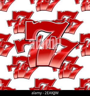 Sparkling red number 7 seamless background pattern with assorted sized numbers scattered randomly on a white background for casino or gambling design Stock Vector