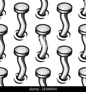 Seamless black and white background pattern of cartoon hammered crooked nails in holes in a substrate Stock Vector