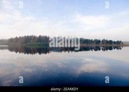 Wide angle autumn season forest reflected in calm reservoir water Stock Photo