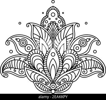 Pretty ornate paisley flower design element in a dainty black calligraphic line drawing Stock Vector
