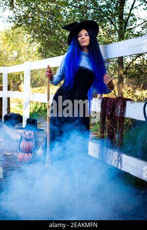 A girl dressed as a witch stands at a fence on a farm, smoke from below, pumpkins in the background Stock Photo