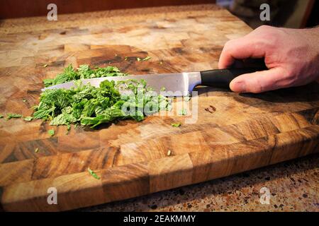 Closeup of a hand holding a knife cutting green mint Stock Photo