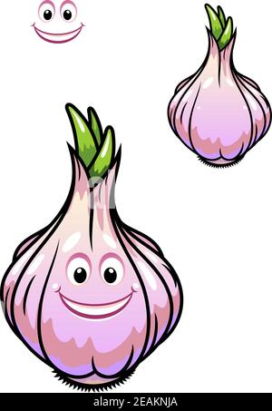 Sprouting fresh garlic bulb with individual cloves, a happy smiling face and cluster of small green sprouts at the top isolated on white Stock Vector