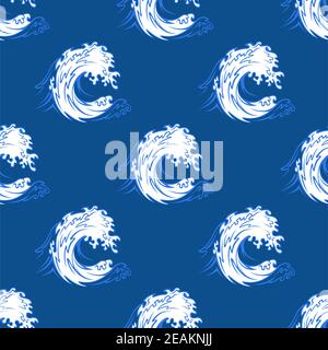 Seamless background pattern of a white curling ocean wave forming a tunnel on a blue background, nautical themed  background Stock Vector