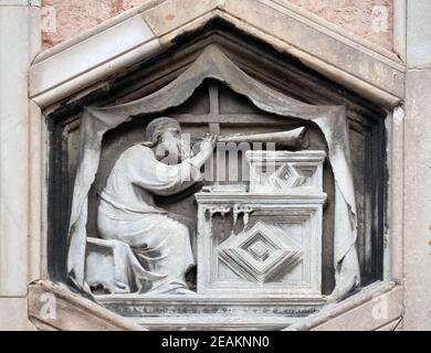 Jubal by Nino Pisano, 1334-36., Relief on Giotto Campanile of Cattedrale di Santa Maria del Fiore (Cathedral of Saint Mary of the Flower), Florence, Italy Stock Photo