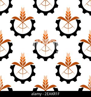 Wheat stalk with a gear wheel icon seamless pattern for conceptual design of industry and mechanization in agriculture Stock Vector