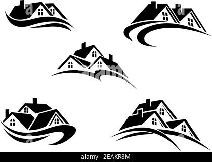 Five different black and white real estate icons with the roofs of houses above swirling hills and landscapes Stock Vector