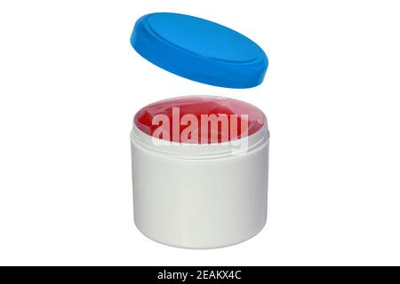 Closeup of a opened white plastic jar or container for cosmetic gel or cream with a blue cap isolated on a white background. Empty space. Macro. Stock Photo