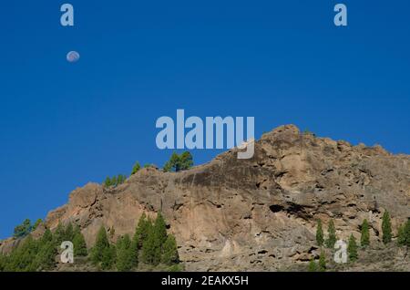 Cliff and moon in The Nublo Natural Monument. Stock Photo