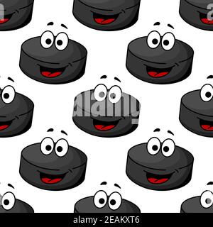 Seamless pattern of a cartoon hockey puck with a big smile and red tongue in square format, vector illustration isolated on white Stock Vector