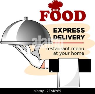 Express delivery of restaurant food. Waiter's hand with a dish of food and a towel. Vector template Stock Vector