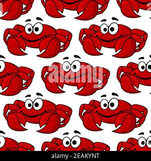 Seamless background pattern of a cute happy red crab with big pincers or claws in square format Stock Vector