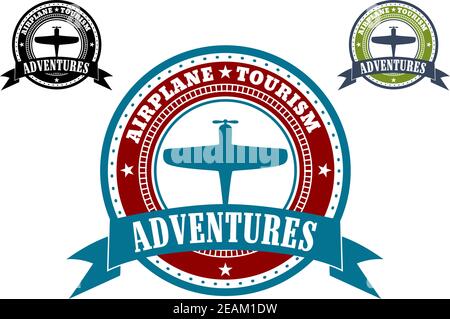 Airplane Tourism emblems with a circular frame enclosing a silhouette of an aircraft and the text - Airplane Tourism - with the word Adventures in a r Stock Vector