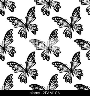 Black and white seamless pattern of beautiful flying butterflies with outspread wings in square format suitable for wallpaper and fabric design Stock Vector