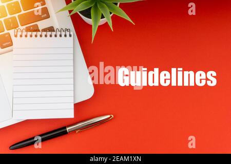 GUIDELINES text with notepad, laptop, fountain pen and decorative plant on red background. Stock Photo