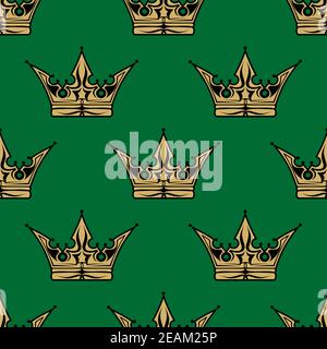 Gold crown on a green background in a seamless pattern themed for royalty or heraldry in square format suitable for wallpaper design Stock Vector
