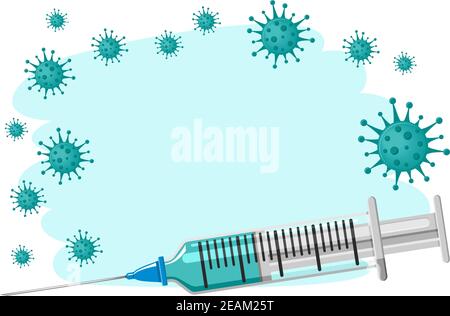 Virus protection template concept. Time to vaccinate. Realistic drawing of a syringe with vaccine, coronavirus bacteria and your text copy space. Flat Stock Vector