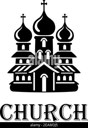 Black and white church icon with the front facade of a church with three onion domes with crosses and the word - Church - below Stock Vector