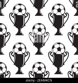 Soccer champions trophy seamless background pattern with a soccer ball or football balanced on top of an award cup, black and white Stock Vector