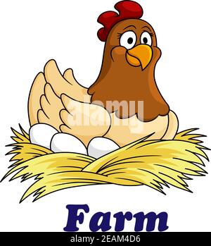 Farm emblem with a cute hen sitting on her eggs on a bed of straw with the text - Farm - below, cartoon style Stock Vector