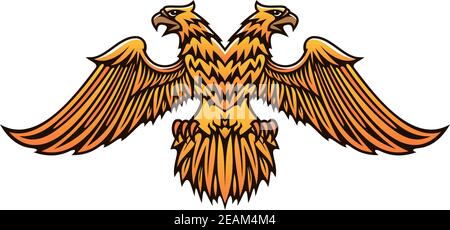 Double headed golden Imperial eagle with fierce beaks and outstretched wings isolated on white background Stock Vector