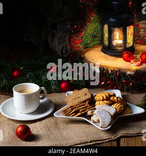 Different types of biscuits with rustic Christmas decorations Stock Photo