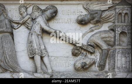 Beheading of St. John the Baptist, detail of marble carvings on the Baptistery, Parma Emilia-Romagna Italy Stock Photo