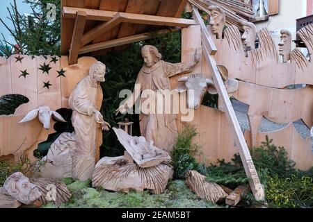 Nativity scene, creche or crib, is a depiction of the birth of Jesus in Hallstatt, Austria Stock Photo