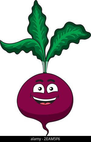 Cheerful happy cartoon beetroot vegetable with fresh green leaves and a smiling face isolated on white Stock Vector