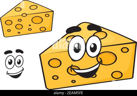 Smiling happy cartoon wedge of cheese with holes and a cute grin, isolated on white, for meal design Stock Vector