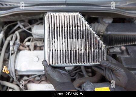 Auto mechanic wearing protective work gloves holding dirty used air filter above a car engine Stock Photo