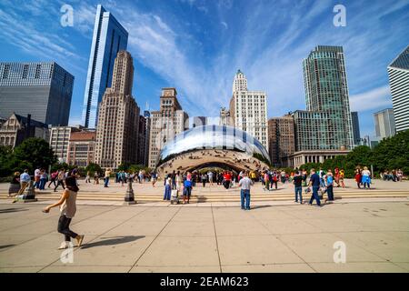 CHICAGO - SEPTEMBER 09: The mirrored sculpture popularly known as the Bean (Cloud Gate, by Anish Kapoor), has become one of Chicago's most popular att Stock Photo