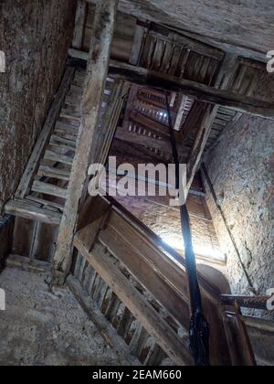 Old wooden staircase at the bell tower of the cathedral in Rovinj Croatia Stock Photo