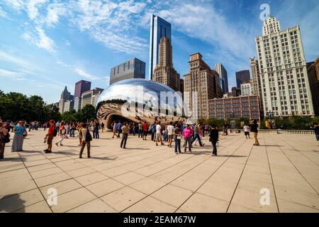 CHICAGO - SEPTEMBER 09: The mirrored sculpture popularly known as the Bean (Cloud Gate, by Anish Kapoor), has become one of Chicago's most popular att Stock Photo