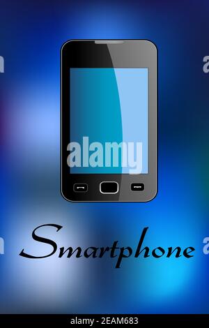 Glossy smartphone with text - Smartphone - at the bottom isolated over blue colored background in vertical format suitable for telecommunication indus Stock Vector