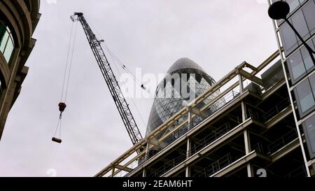LONDON, UNITED KINGDOM - Feb 08, 2018: London, UK - January 2018 - The new neighbour of the Gherkin Building (St Mary Axe) is 22 Bishopsgate Tower is Stock Photo