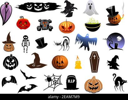 Set of colorful Halloween icons with lanterns, bats, ghosts, cat, witch, spiders, coffin and tombstones Stock Vector