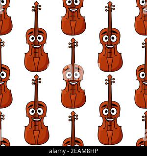 Seamless pattern of wooden classical violins with happy smiling faces with a repeat motif in square format for any musical design Stock Vector