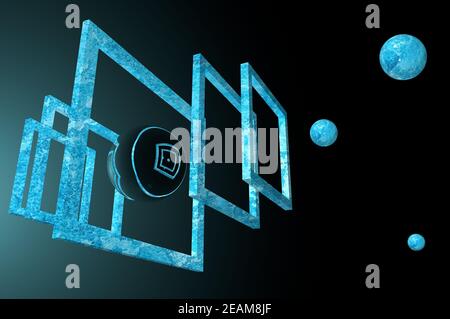 3d frame objects and spheres hanging in a dark space Stock Photo